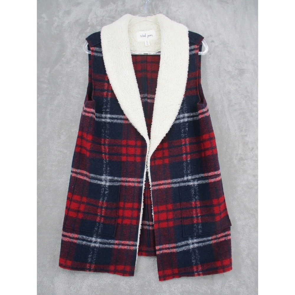 Tribal Jeans Vest Womens Medium Plaid Sherpa Lined Preppy Boho Wool‎ Western Red